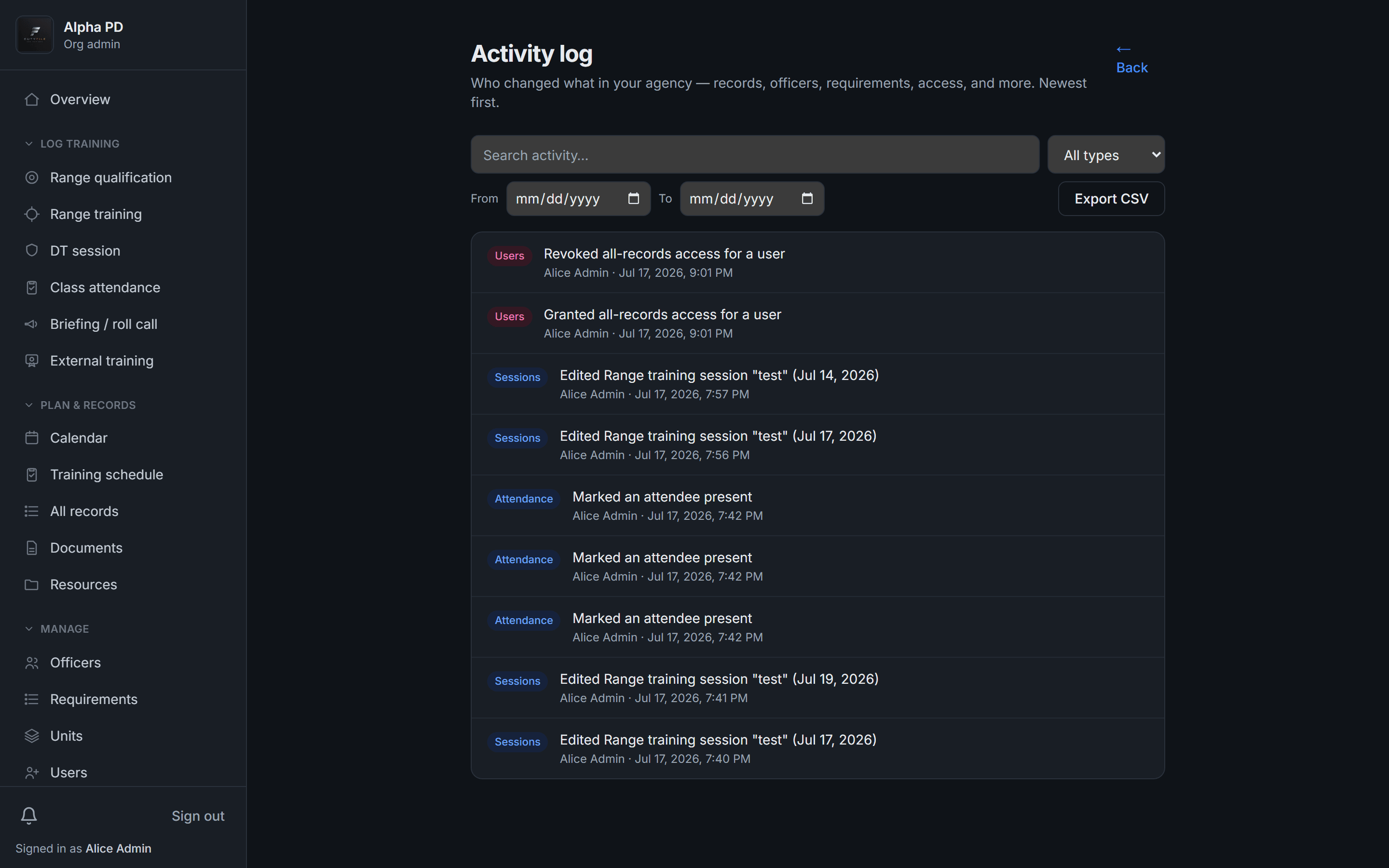 DutyFile activity log showing a continuous, timestamped record of changes across the agency