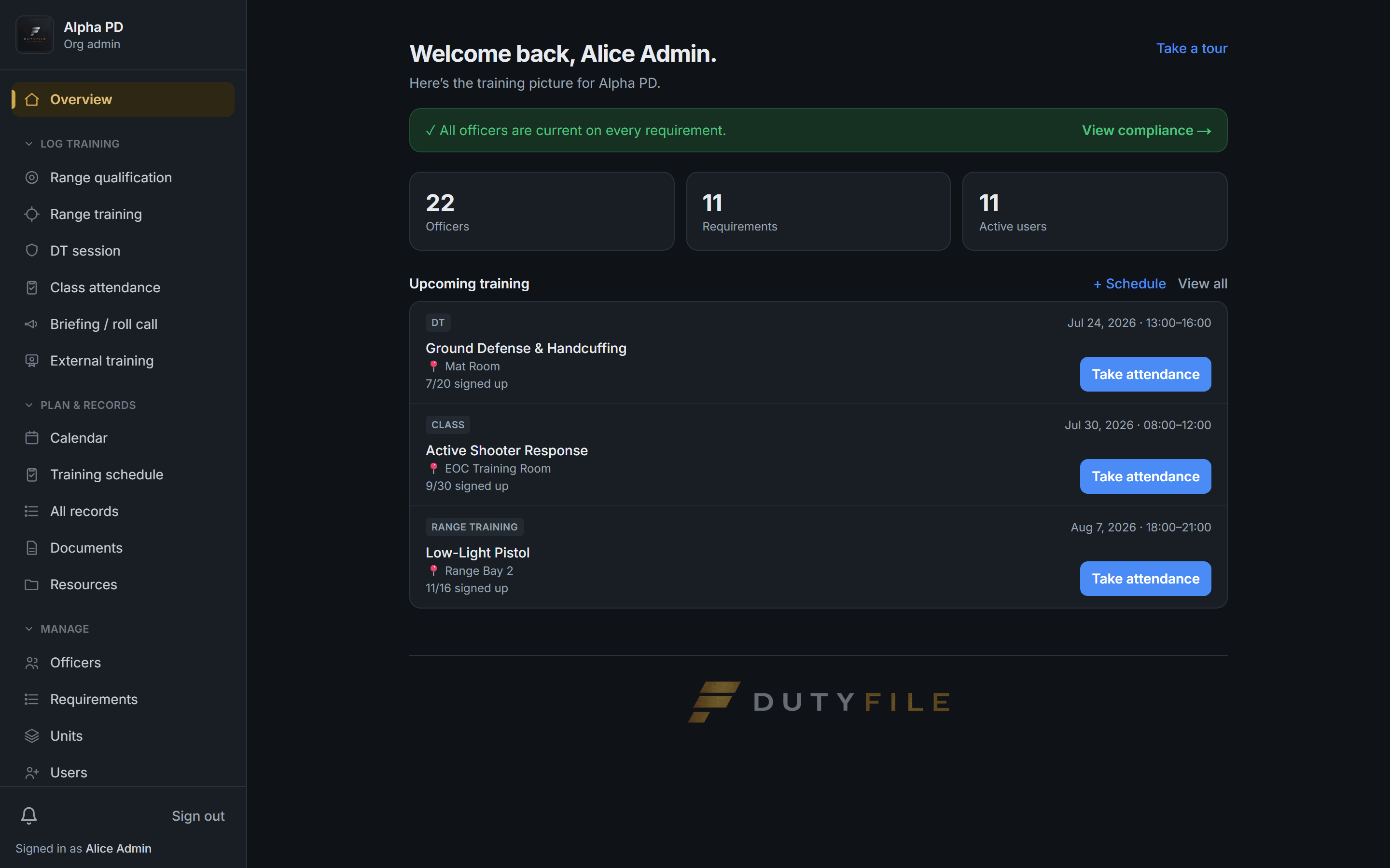 DutyFile dashboard showing an agency overview with officers, requirements, upcoming training, and quick logging actions