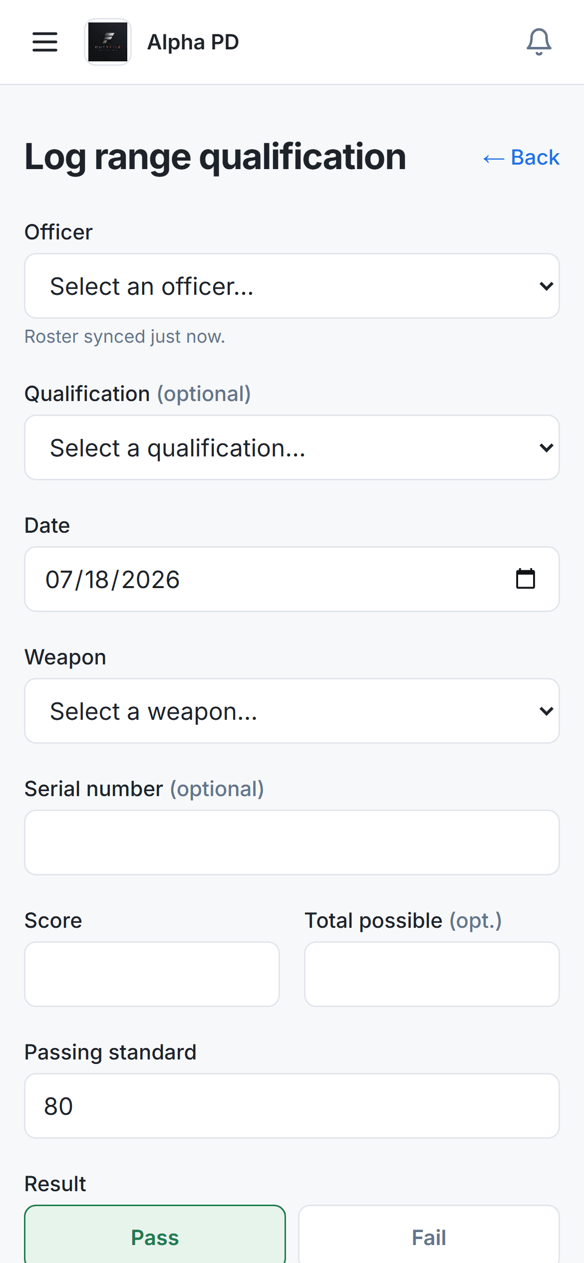 DutyFile range-qualification logging screen shown on a phone, with officer, weapon, score, passing standard, and pass or fail
