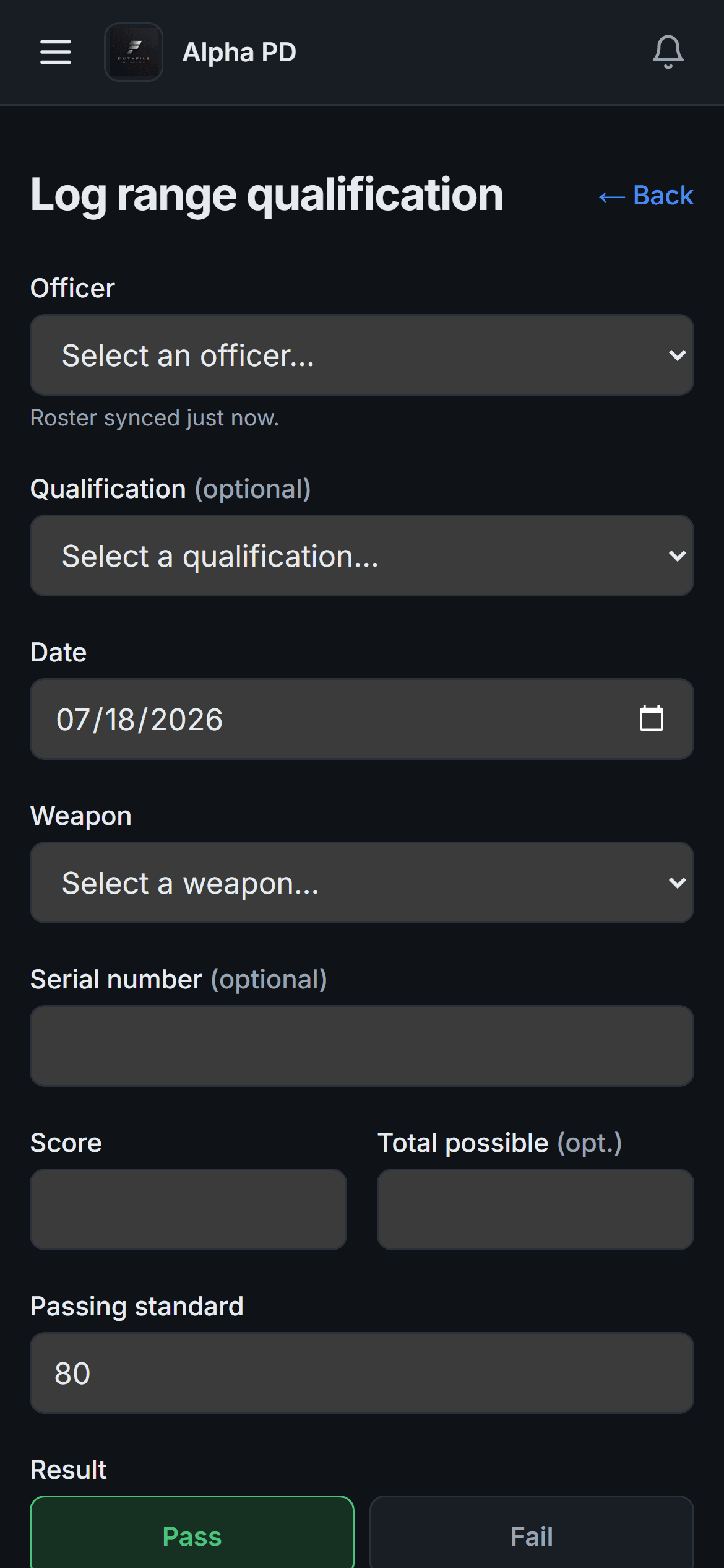 DutyFile mobile training log form used to record a qualification from the range