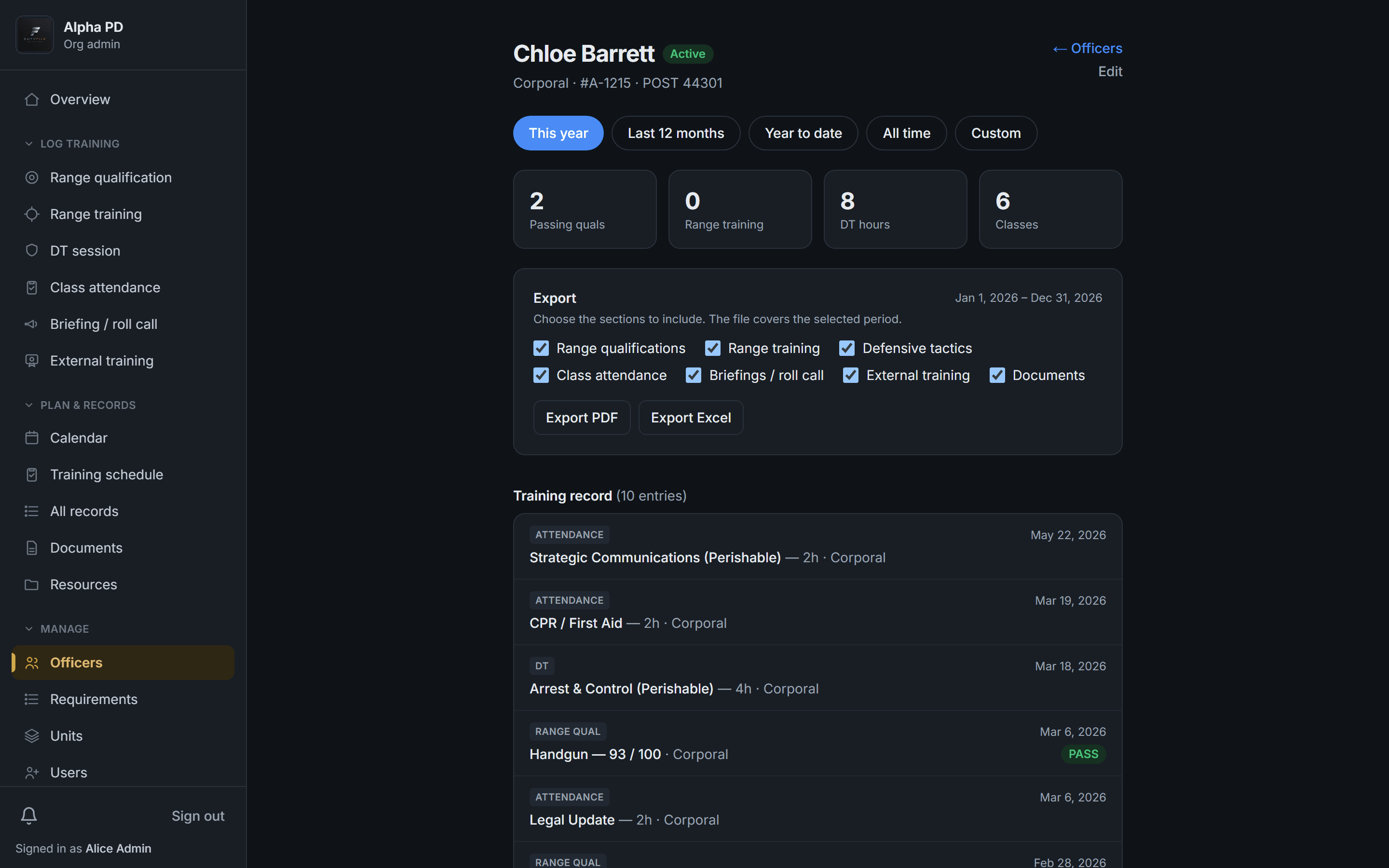 DutyFile officer record with export options and a complete dated training history