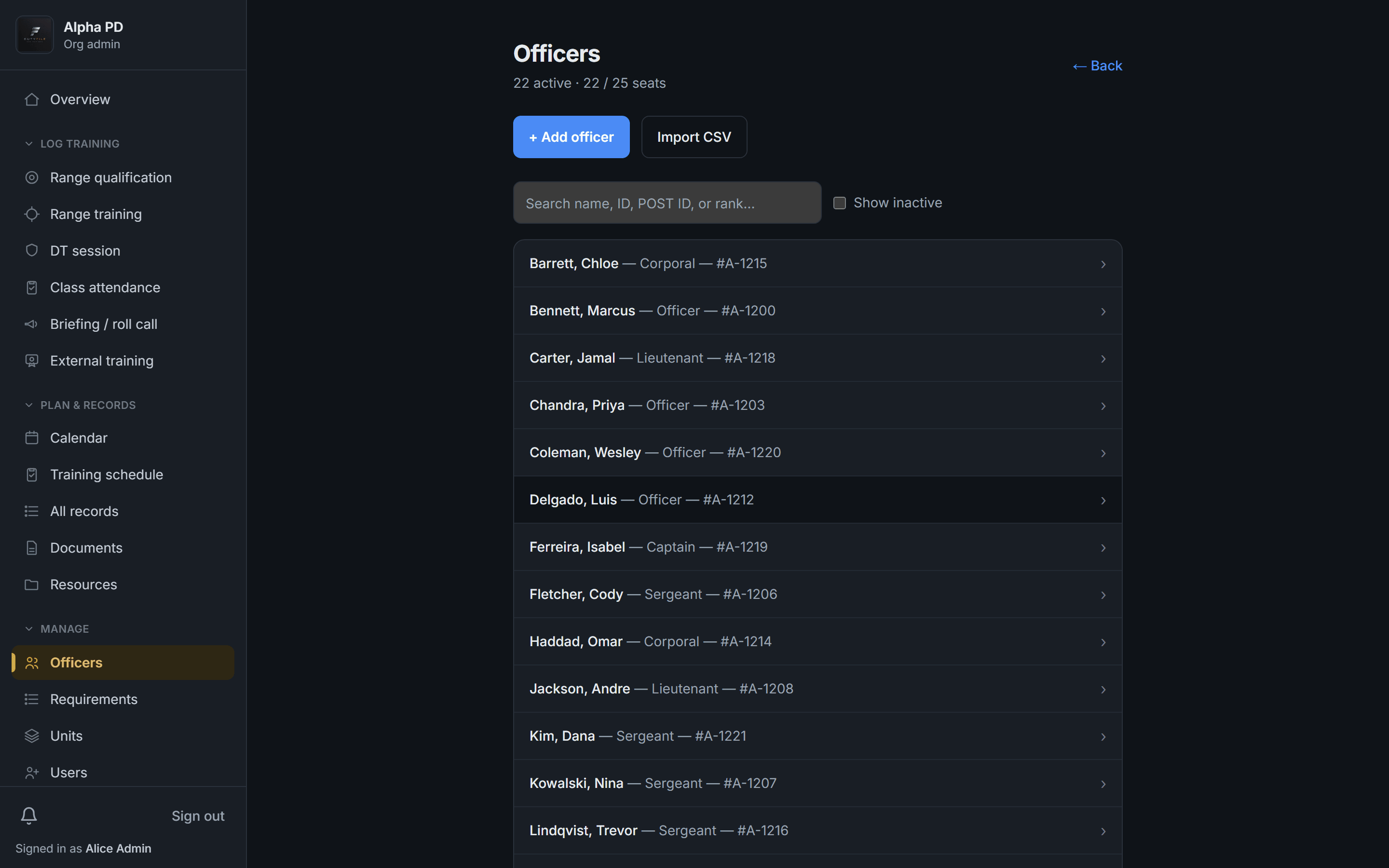 DutyFile officers roster listing every officer with rank and ID in one agency-owned system