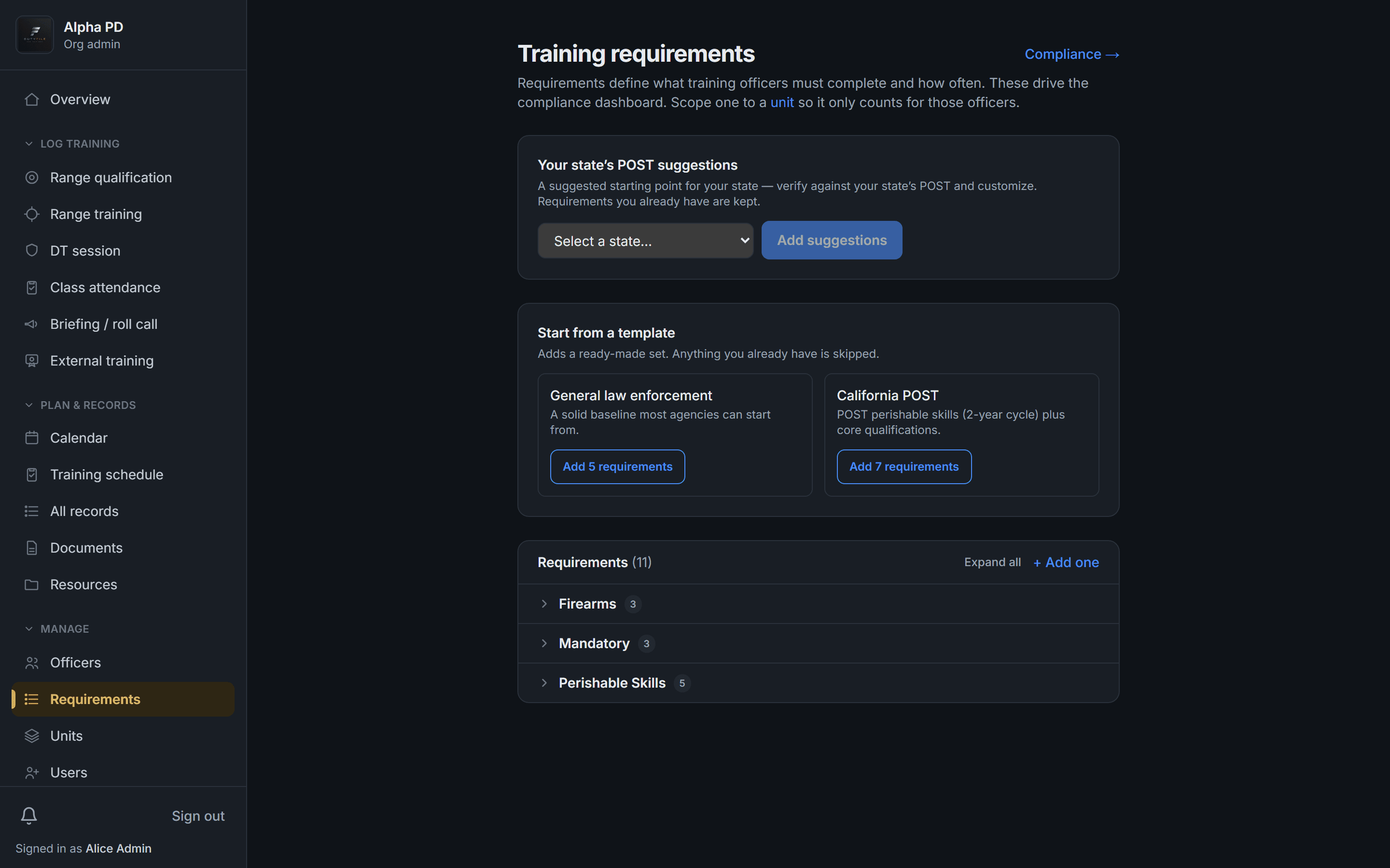 DutyFile training requirements setup with state POST suggestions, templates, and firearms and mandatory requirements